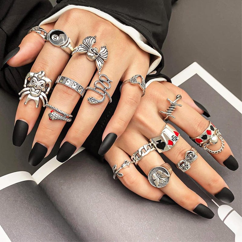 17IF 26-35 Pcs Vintage Silver Knuckle Rings Set for Women Men, Grunge Gothic Rings Chunky Aesthetic Snake Stackable Adjustable Punk Bulky Finger Alt Fairy Skull Frog Heart Star Flower Midi Ring Pack - Image 5